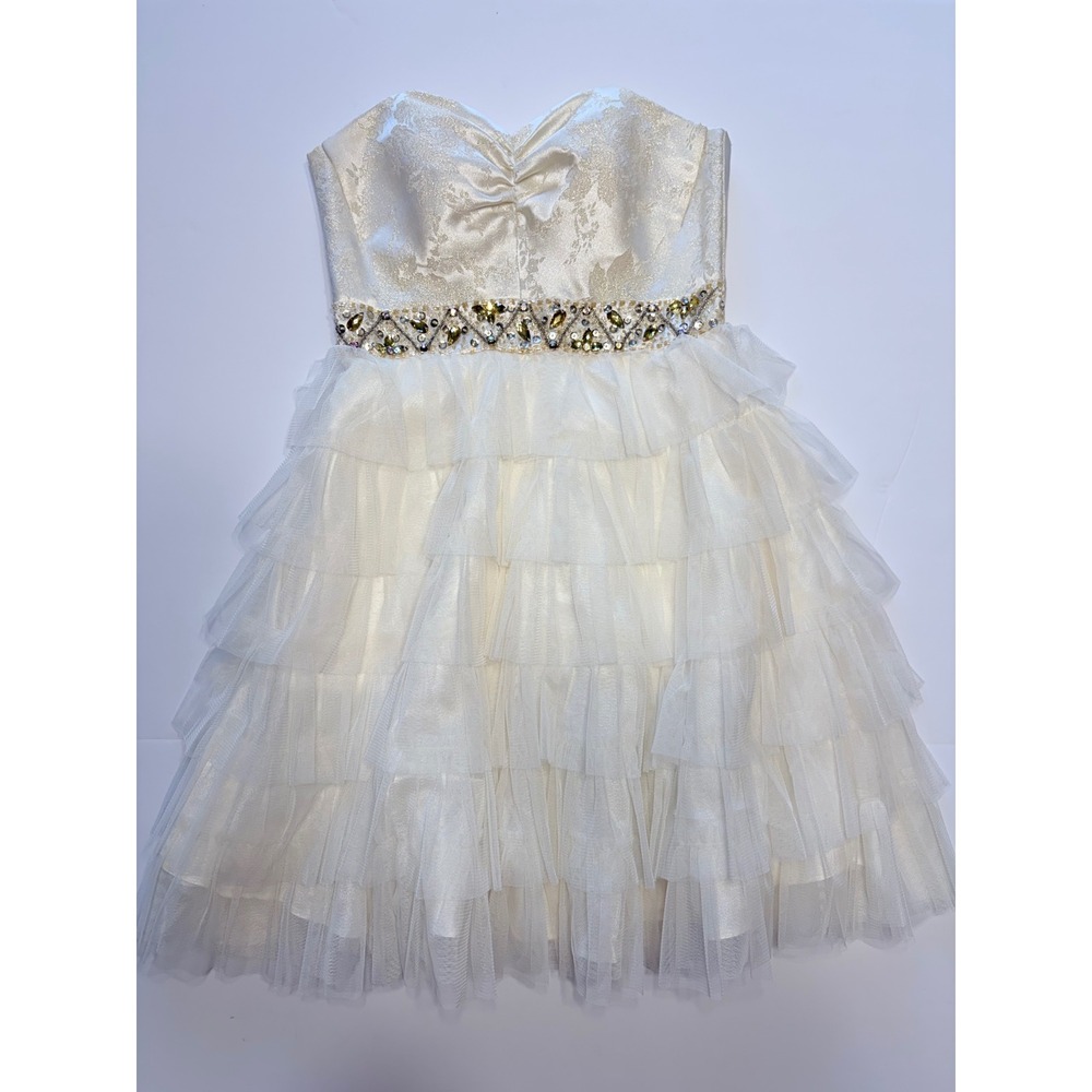 Dressed by Deb Women 3/4 Ivory Brocade Tulle Tiered Beaded Cocktail Dress 116723